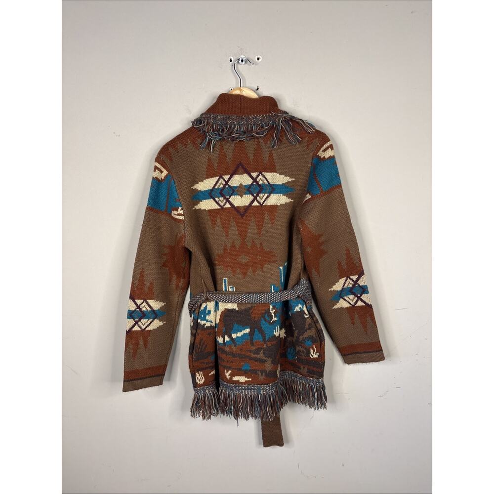 Idyllwind Aztec Fringe Belted Cardigan Sweater Acrylic Brown Blue Tan S - Picture 3 of 3